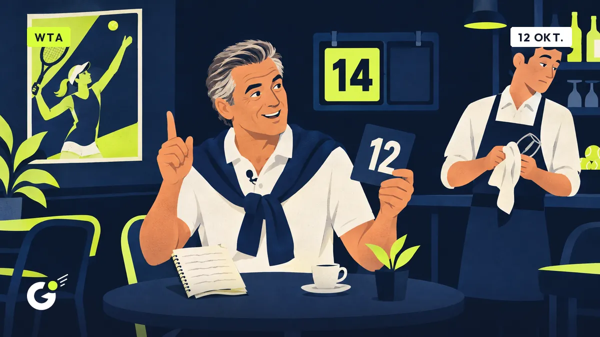 Jean-Pol houdt een notitieboekje omhoog naar een afgeleide ober in een clubbar, voor een ranglijstbord met 14.
