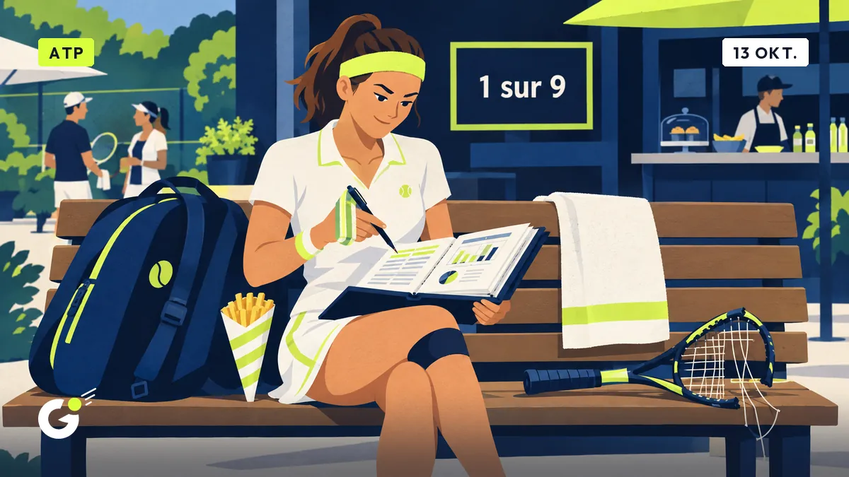 Céline zit op een bankje bij de clubkantine en bestudeert haar statistiekenmap, naast een zakje friet en een kapot racket.