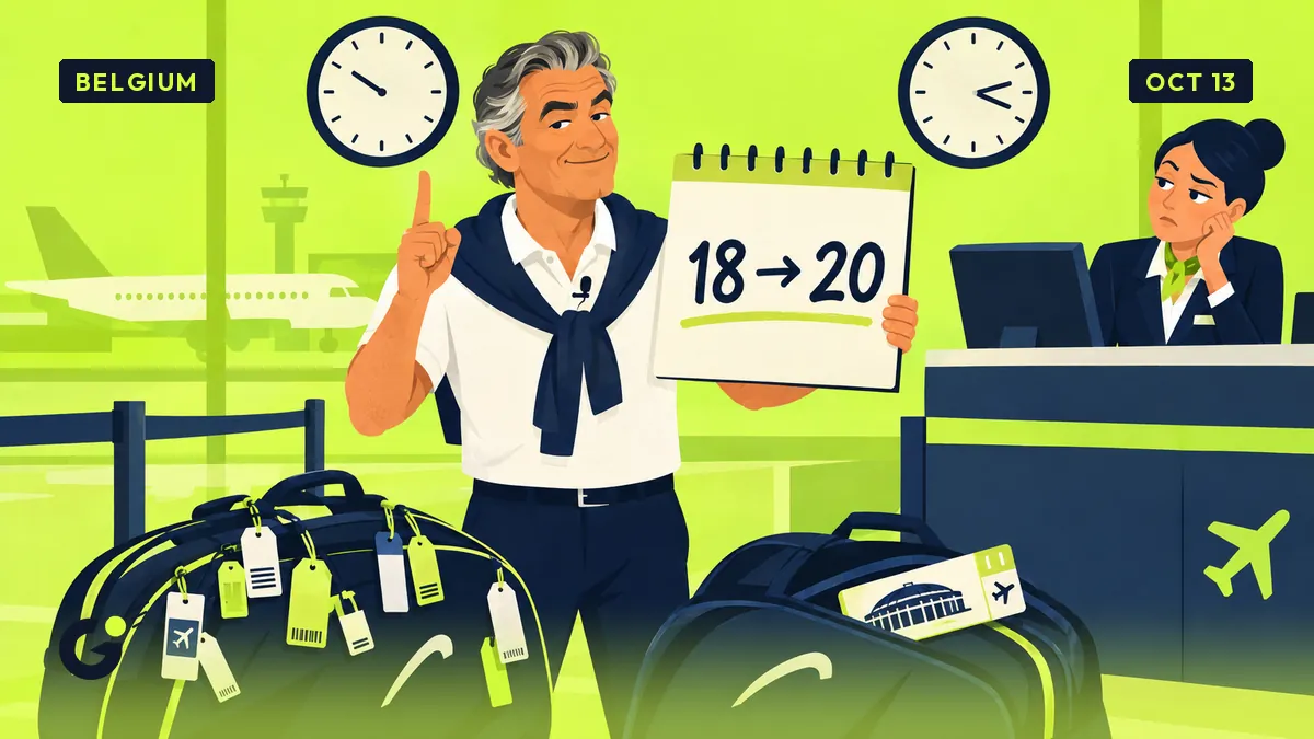 Jean-Pol holds up a calendar at an airport check-in desk, two wall clocks showing different times and two tennis bags at his feet.