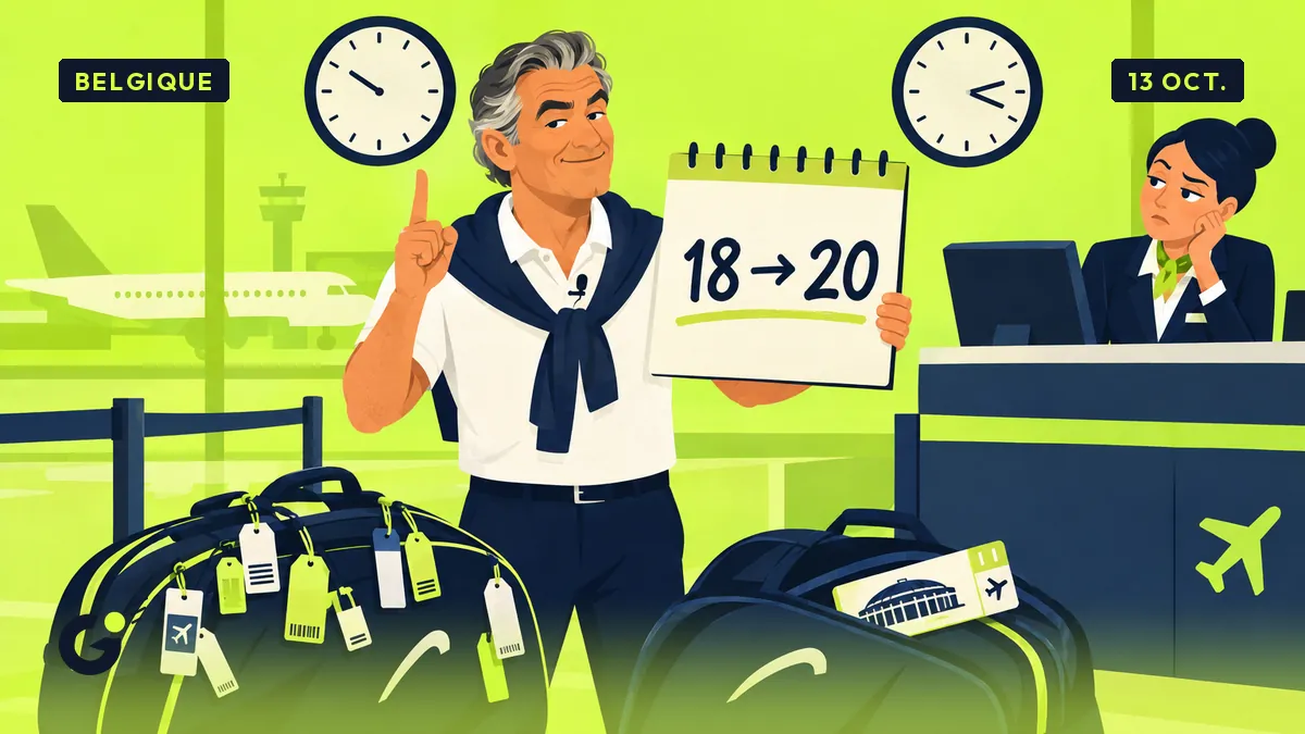 Jean-Pol brandit un calendrier devant un comptoir d'aéroport, deux horloges au mur affichant des heures différentes, deux sacs de tennis à ses pieds.