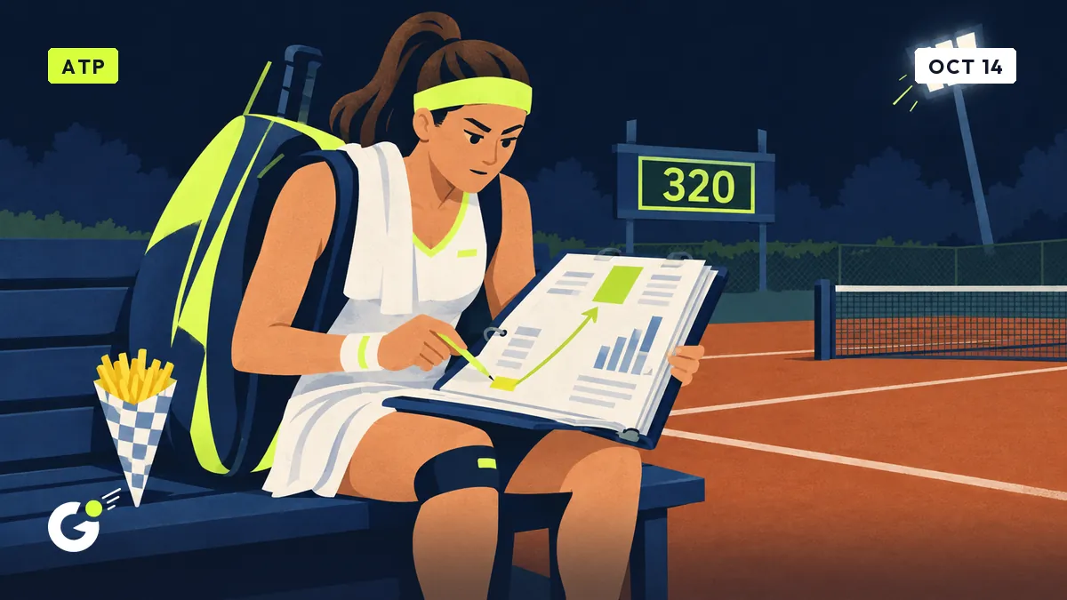 Céline sits on a club bench studying her statistics binder with a pencil, a cone of fries beside her and a flickering floodlight behind.