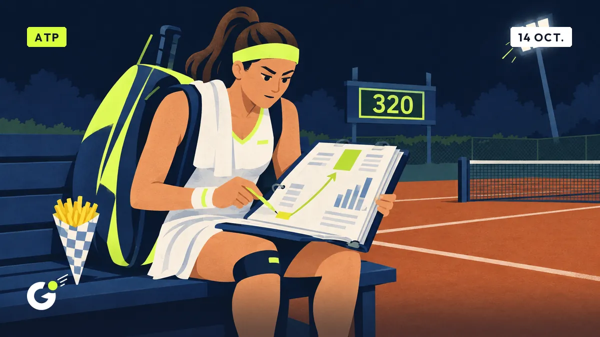 Céline, assise sur un banc de club, étudie sa farde de statistiques au crayon, un cornet de frites à côté d'elle, un néon clignotant derrière.