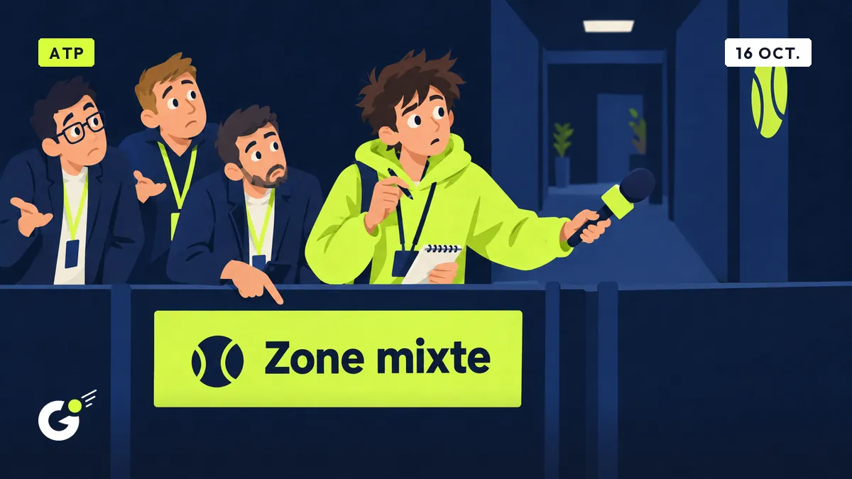Maxime, stagiaire carnet en main, tend un micro dans une zone mixte vide, entouré de journalistes qui haussent les épaules.
