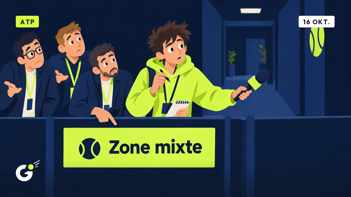 Maxime, stagiair met notitieboekje, houdt een microfoon in een lege mixed zone, omringd door schouderophalende journalisten.