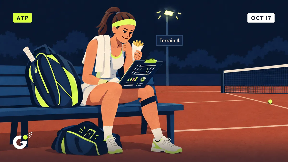 Céline sits on a clay-court bench with a cone of fries and a stats folder, her phone buzzing in her bag.