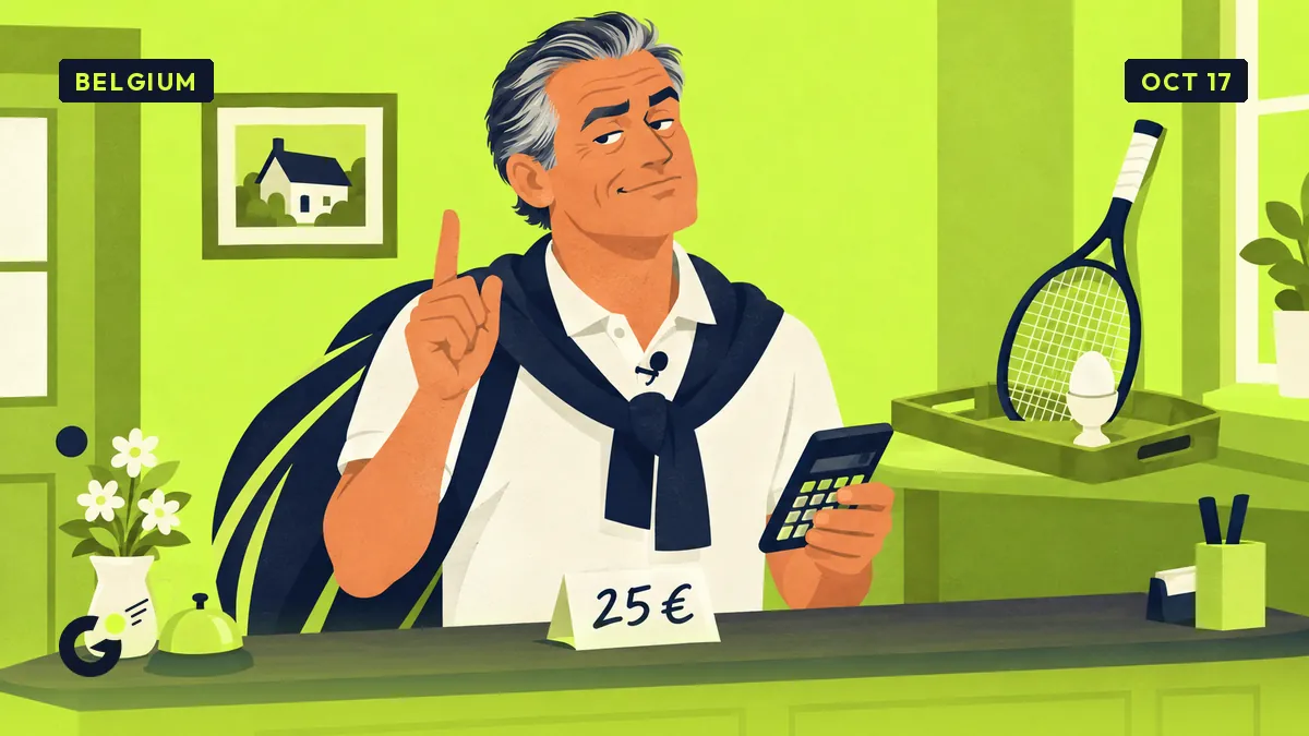At a small guesthouse reception, Jean-Pol checks a 25 € rate with a calculator, a boiled egg and a tennis racket beside him.