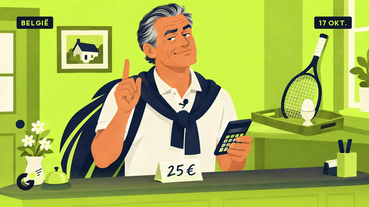Jean-Pol staat aan de balie van een kleine pension en bekijkt met een rekenmachine een prijs van 25 €, met een gekookt eitje en een racket naast zich.