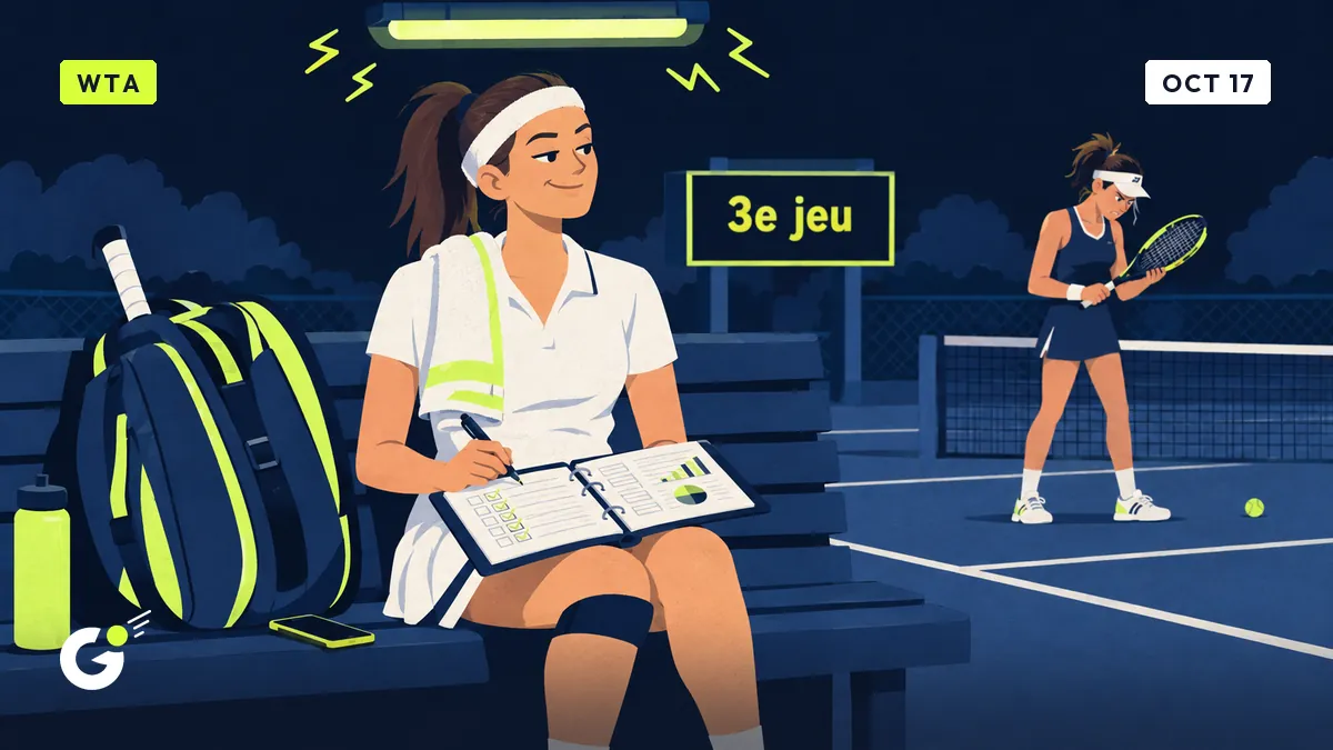 Céline, a club player, ticks off a stats binder on a bench under a flickering neon light while a female pro glares at her racket.