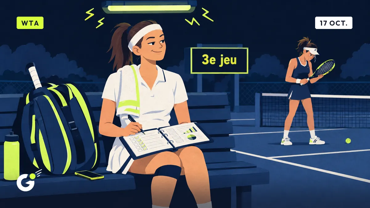 Céline, joueuse de club, coche une farde de stats sur un banc sous un néon, pendant qu'une joueuse pro fixe sa raquette, agacée.