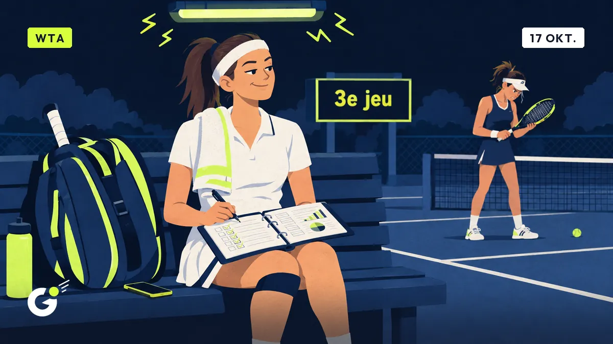Céline, clubspeelster, vinkt een map met statistieken af op een bank onder een flikkerend neonlicht, terwijl een proftennisster geërgerd naar haar racket kijkt.