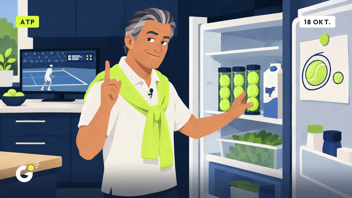 Jean-Pol range trois tubes de balles dans son frigo, un dessin d'une balle géante affiché sur la porte, une télé de tennis en fond.