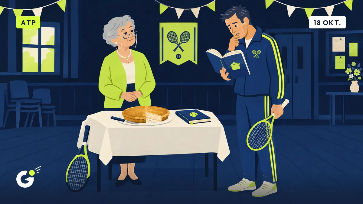 Monique staat alleen achter een kermistafel met een rijsttaart; een verbaasde tennisser houdt een open kookboek vast.