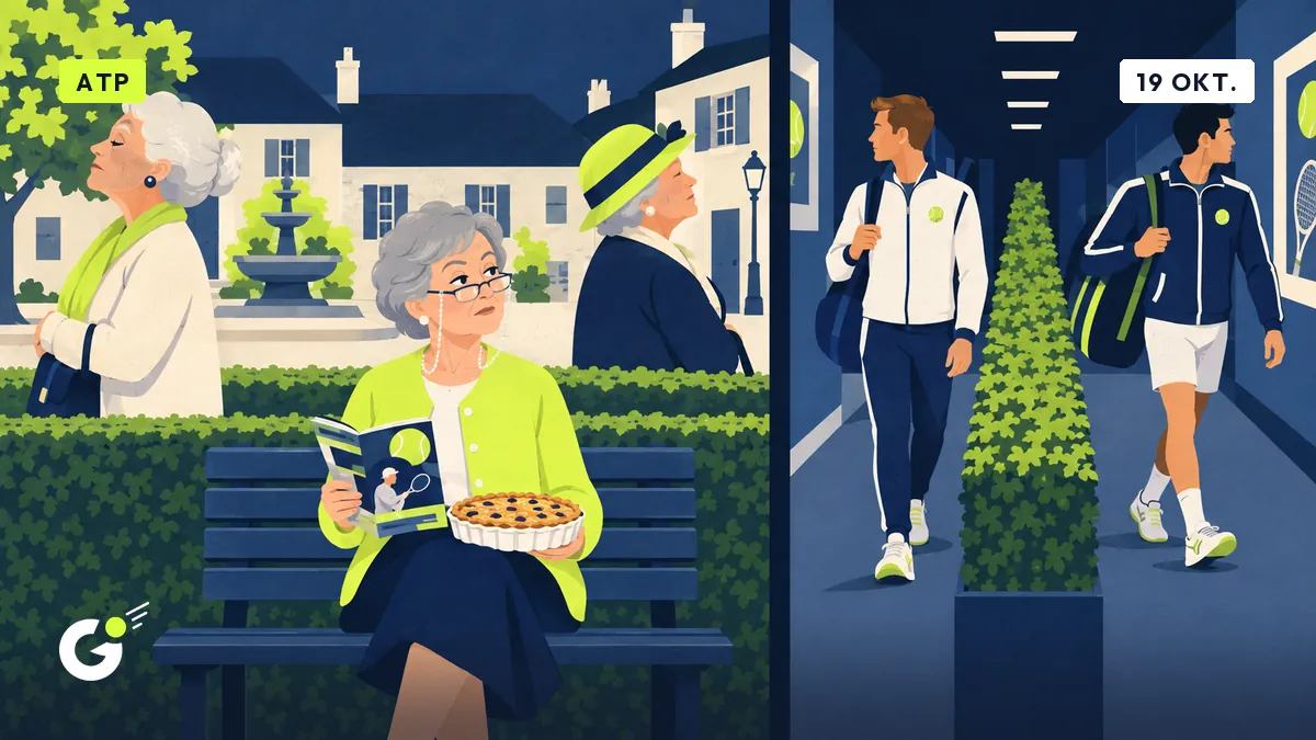 Monique zit op een bank met een taart en kijkt naar twee buurvrouwen die elkaar de rug toekeren aan weerszijden van een haag.