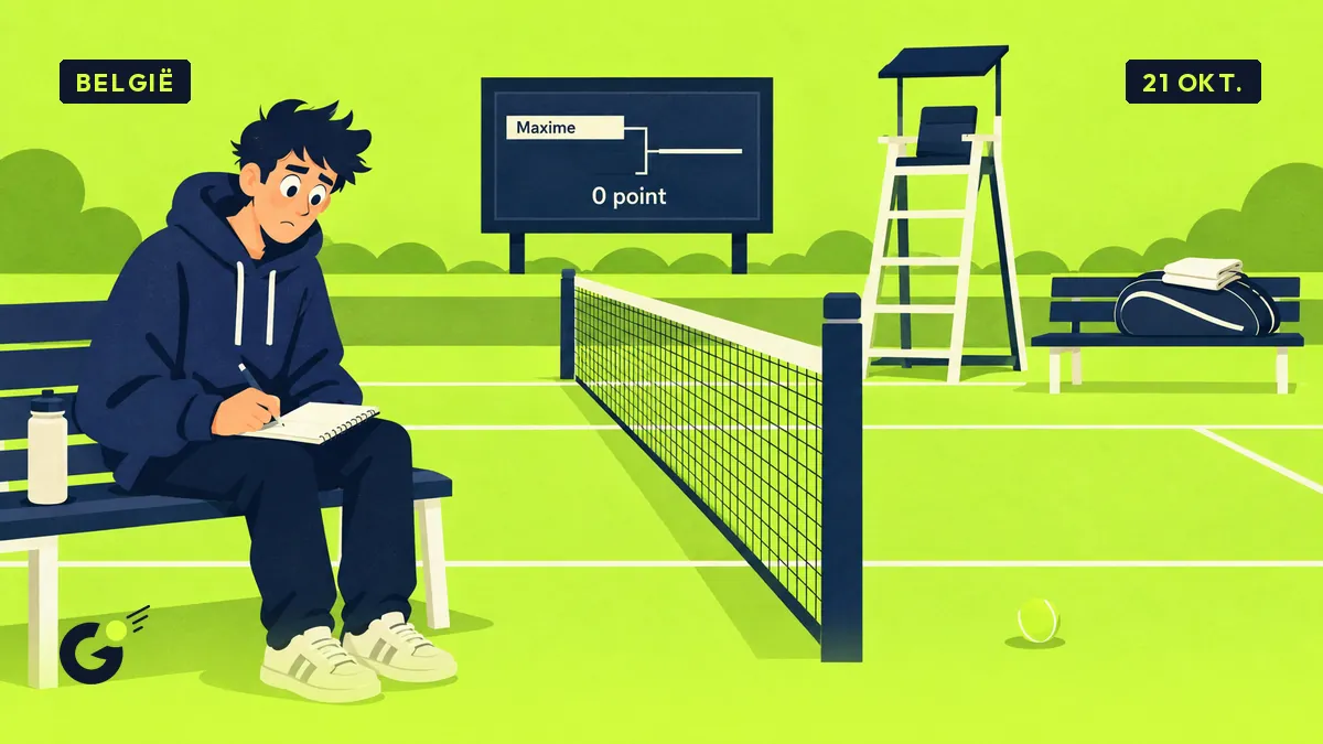 Maxime, een verbaasde stagiair, zit met zijn notitieboekje op een bank bij een lege tennisbaan, tegenover een ongeopende racketstas.