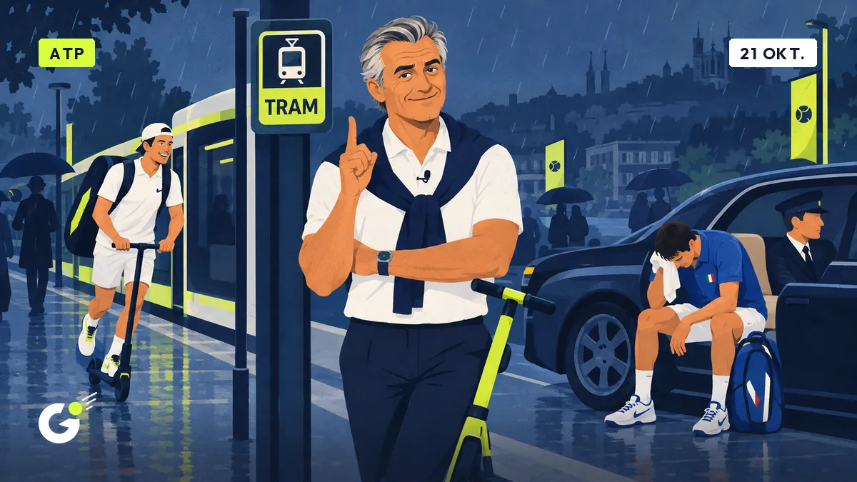 Jean-Pol staat met gekruiste armen bij een tramhalte, trots op zichzelf, terwijl een tennisser in de regen op een step voorbijrijdt.