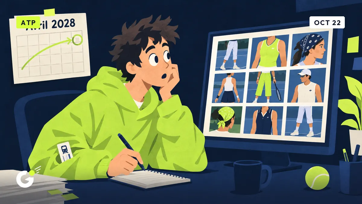Maxime, stagiaire, devant un écran de tenues de tennis en miniatures, un calendrier avec une date lointaine entourée : avril 2028.