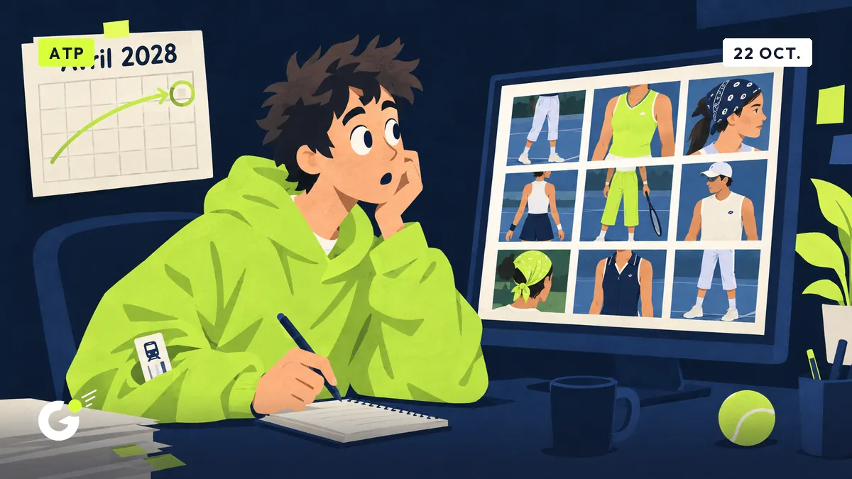 Maxime, stagiaire, devant un écran de tenues de tennis en miniatures, un calendrier avec une date lointaine entourée : avril 2028.