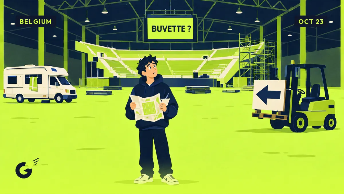 Maxime, an intern with a notebook, looks lost in an empty hall at night holding a map upside down in front of a half-built tennis arena.