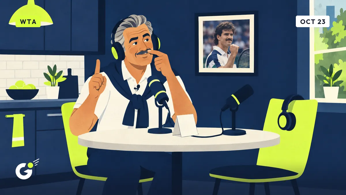 Wearing headphones, Jean-Pol records a podcast alone in his kitchen, facing an empty chair, with a phone number card beside the microphone.