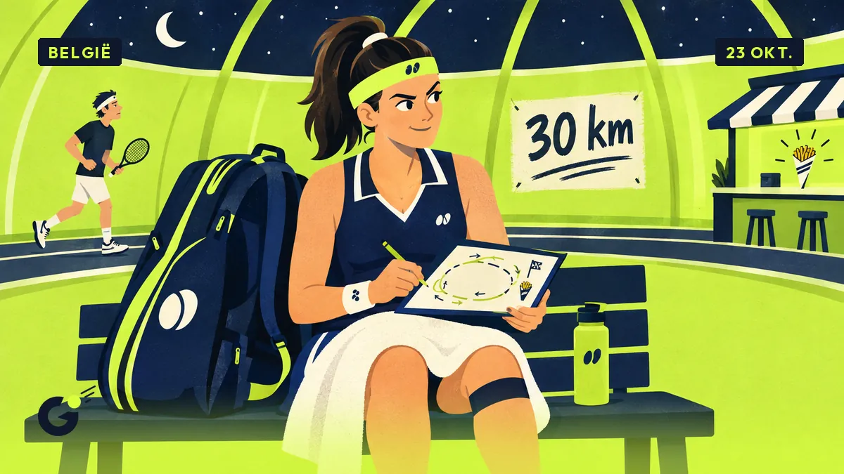 Céline, assise sur le banc d'une bulle de tennis avec sa farde de stats, trace un parcours jusqu'à un cornet de frites. Panneau : 30 km.
