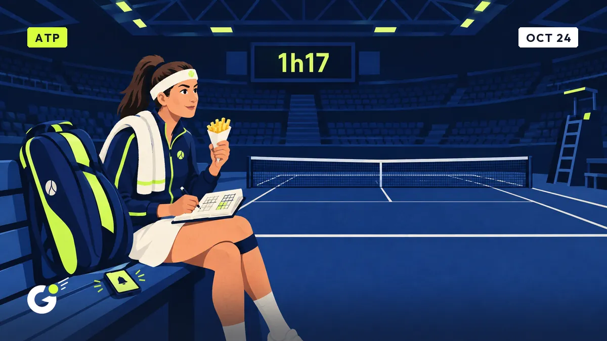 Céline, seule sur un banc dans une salle vide, carnet et cornet de frites en main, sous un tableau d'affichage qui indique 1h17.