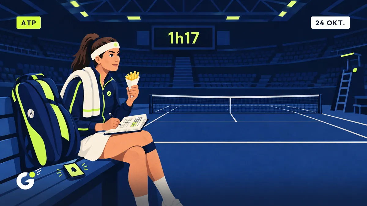 Céline, seule sur un banc dans une salle vide, carnet et cornet de frites en main, sous un tableau d'affichage qui indique 1h17.
