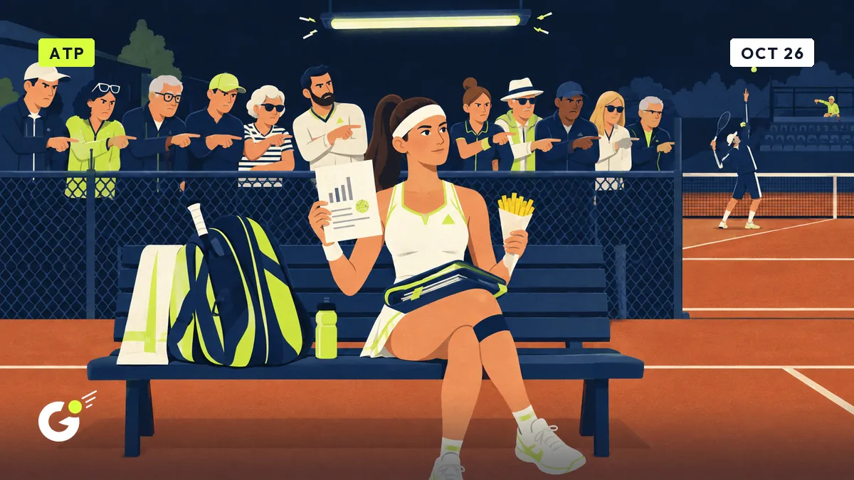 Céline on the bench of court 4 under a buzzing neon, surrounded by club members criticizing her, while a single spectator criticizes a pro player.