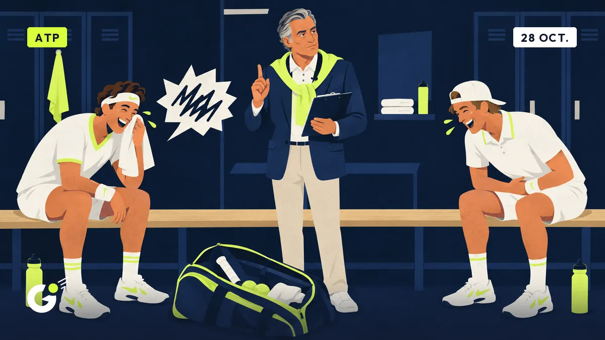 Dans un vestiaire, deux joueurs rient aux éclats aux deux bouts d'un banc pendant que Jean-Pol, carnet en main, hoche la tête.